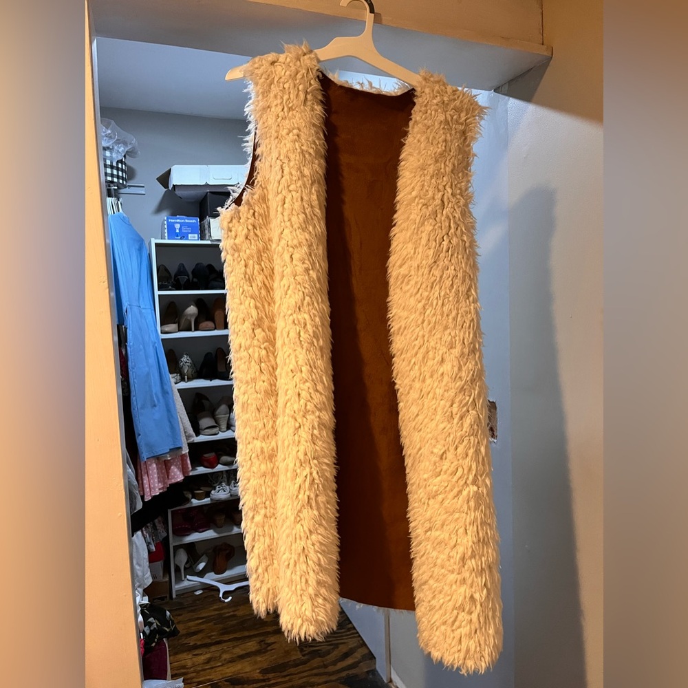Faux Fur Long Vest in Cream